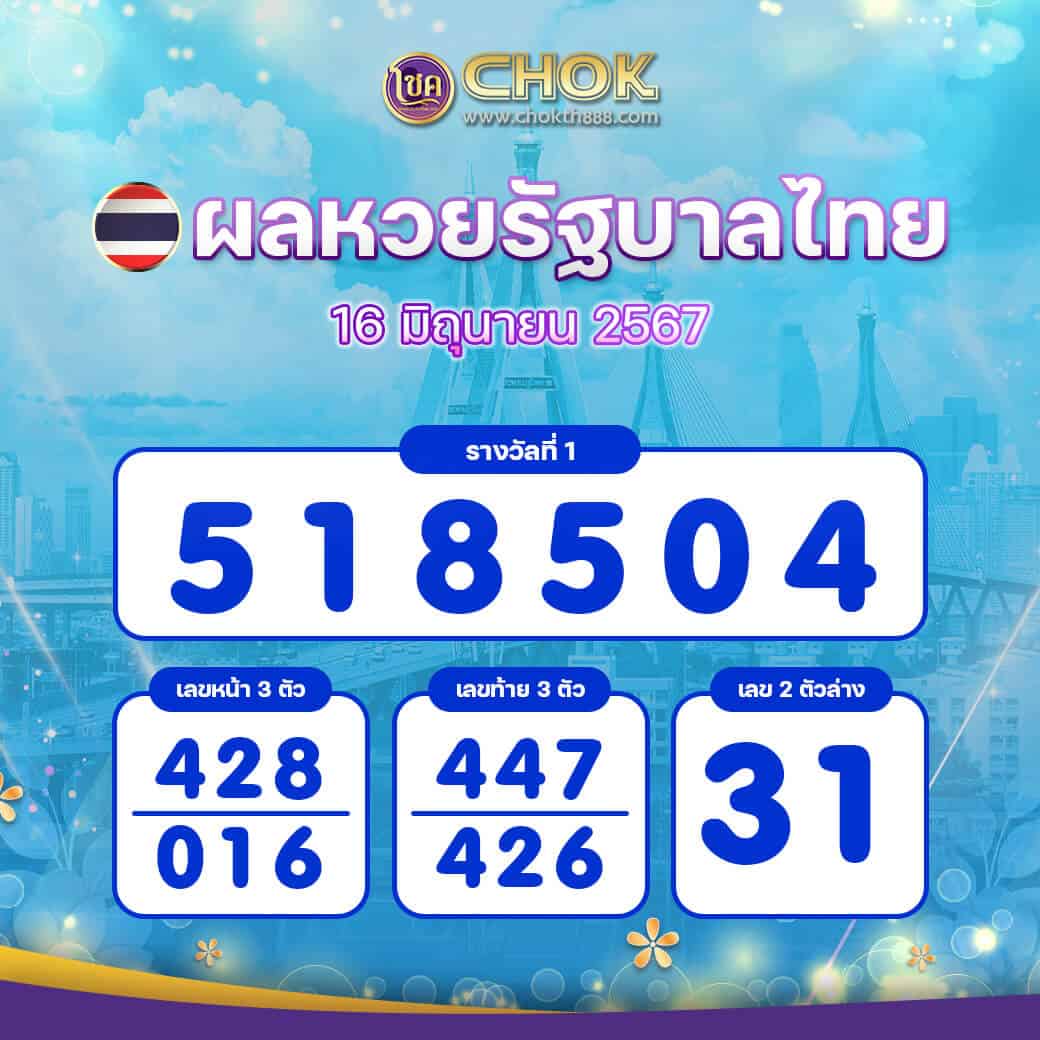 ผลหวยรัฐบาลไทย งวดวันที่ 16 มิถุนายน 2567