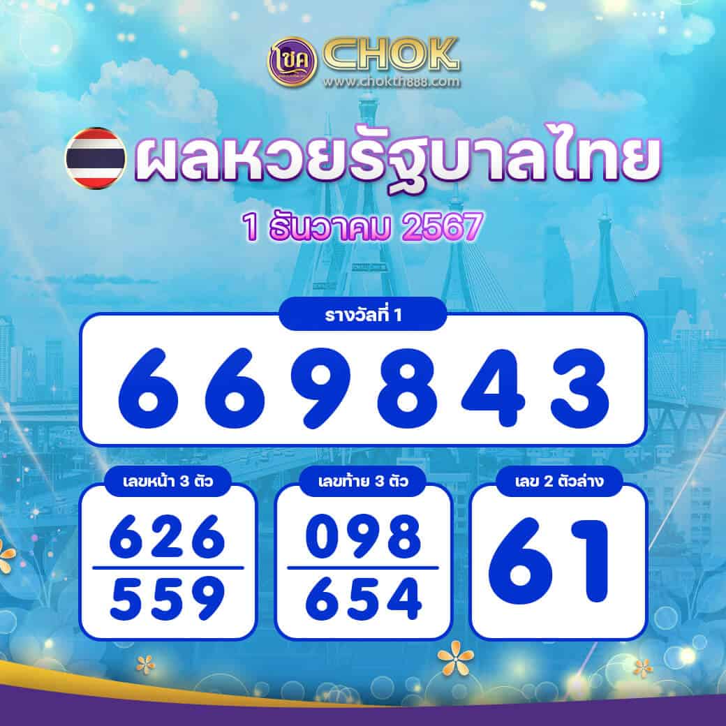 ผลหวยรัฐบาลไทย งวดวันที่ 1 ธันวาคม 2567