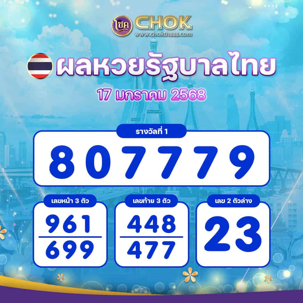 ผลหวยรัฐบาลไทย งวดวันที่ 17 มกราคม 2568
