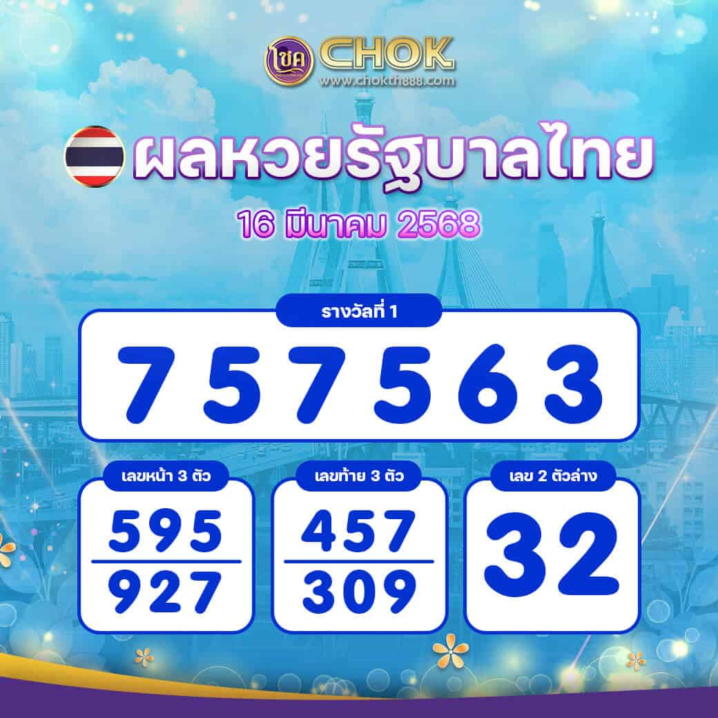 ผลหวยรัฐบาลไทย งวดวันที่ 16 มีนาคม 2568