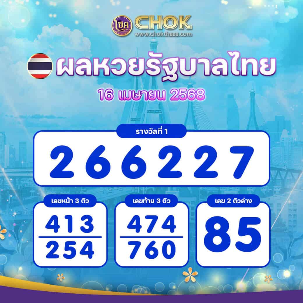 ผลหวยรัฐบาลไทย งวดวันที่ 16 เมษายน 2568