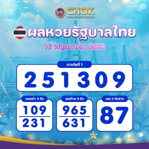 ผลหวยรัฐบาลไทย งวดวันที่ 16 พฤษภาคม 2568